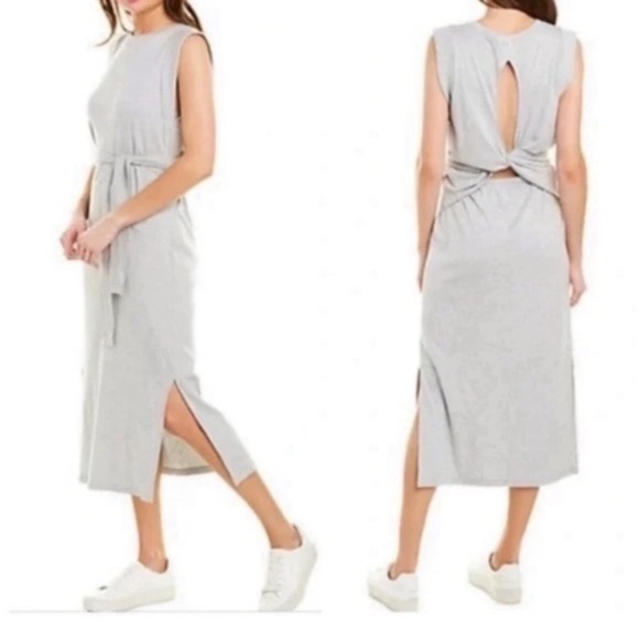 Vince Dress Wrap Waist Front Tie Midi Shirt Dress Sleeveless In Grey
